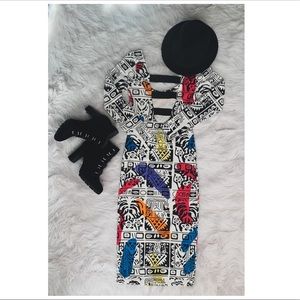 Black/White/Multicolored Graphic Print Midi Dress